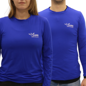 Chandail rashguard bleu pour moniteur Nager pour la vie avec logo au dos et devant.